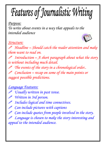 Features Of Journalistic Writing Poster Teaching Resources