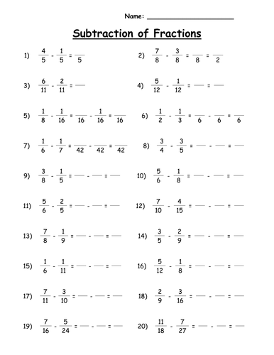 addition and subtraction of fractions worksheets teaching resources