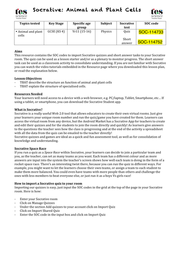 Socrative Animal And Plant Cells By Blinkinsmart Teaching Resources Tes