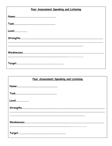 peer speech assessment sheet and Assessment by Sheets Listening: Peer Speaking