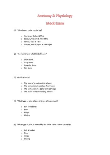 Mock Exam Anatomy Physiology Teaching Resources