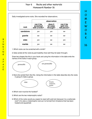 Rocks & other materials Y6 Homework 16 | Teaching Resources