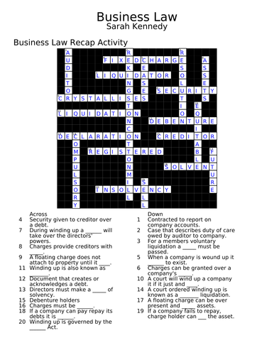 Business Law Crossword Puzzle Teaching Resources