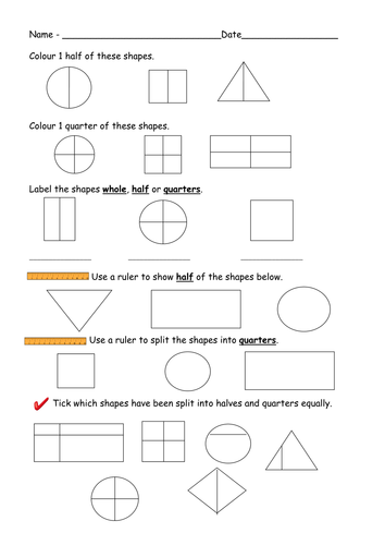 find half and quarters of shapes worksheets teaching