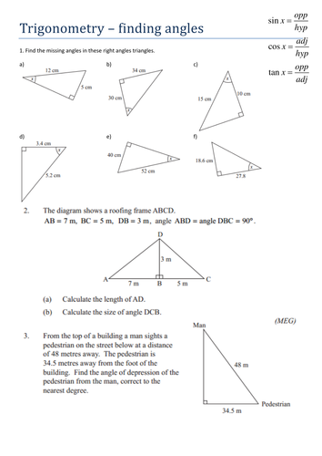 Trigonometry - finding angles - worksheet | Teaching Resources