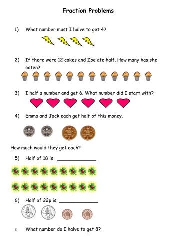 fractions tes resources fraction problems word teaching maths math primary ks1 worksheets worksheet three halving docx kb resource activities visit