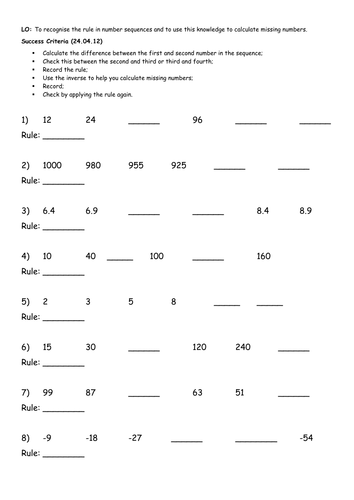 number sequencing calculating missing numbers teaching