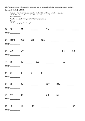 Number Sequencing Calculating Missing Numbers Teaching Resources