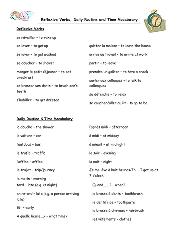 daily routine reflexive verbs and time vocabulary teaching resources