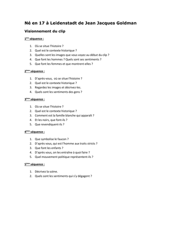 Né en 17 à Leidenstadt de Jean Jacques Goldman Teaching Resources