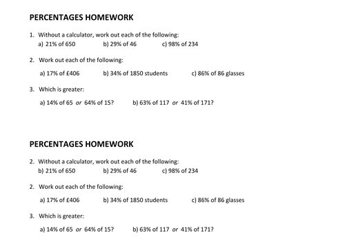 percentages homework tes