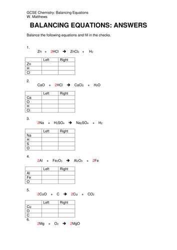 Balancing Chemical Equations Teaching Resources