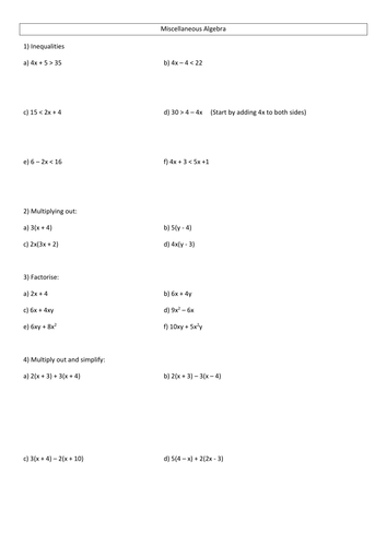 Gcse Algebra Revision Sheet With Answers Teaching Resources 2997