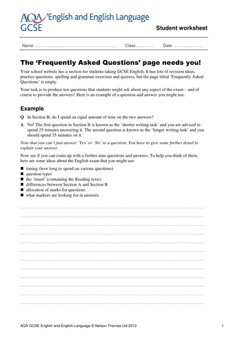 English Gcse Worksheets Free