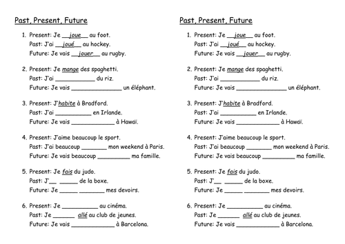 past present future worksheet french teaching resources