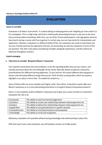 Literacy in Sociology - Evaluation Skills | Teaching Resources