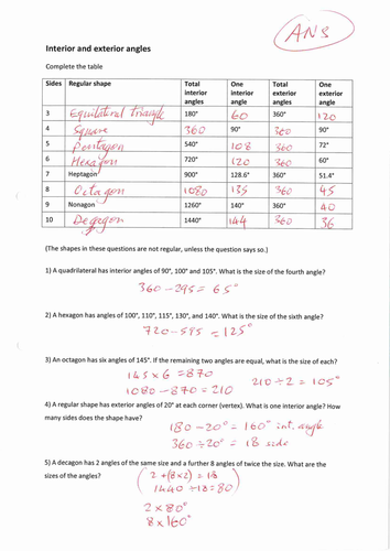 Interior and exterior angles worksheet | Teaching Resources