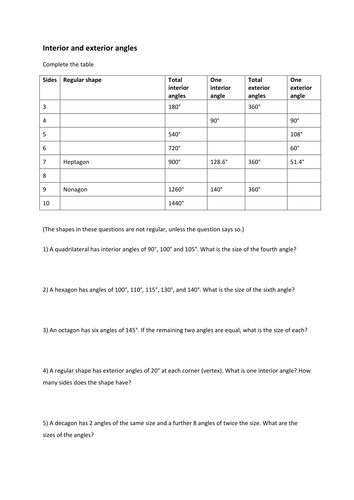 Interior and exterior angles worksheet | Teaching Resources