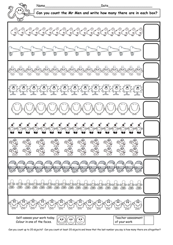 Worksheet Free Counting Worksheets 1-20 mr men counting numbers up 20 by ruthbentham teaching resources to pdf
