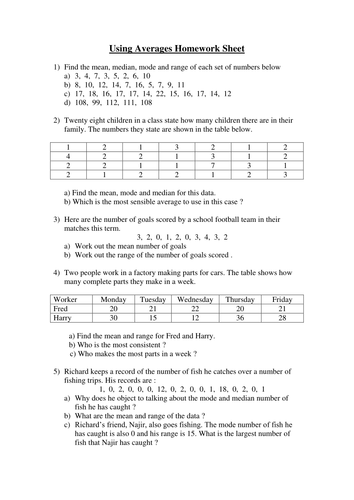 HD1 h Using Averages Homework Sheet.doc