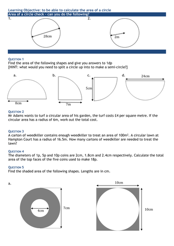 Area of a Circle: Further Questions Worksheet | Teaching Resources