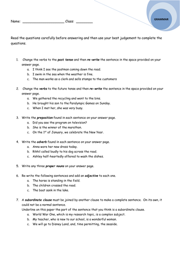 Grammar And Punctuation Worksheet Test By Avrildcamp Teaching