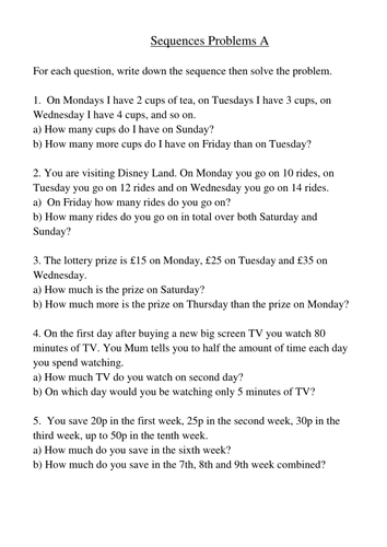 Arithmetic sequence word problems worksheet with answers