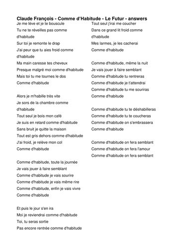 Future tense - Claude François - Comme d'Habitude | Teaching Resources