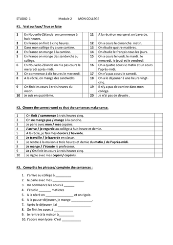 STUDIO1 French Module 2 Mon college Worksheet | Teaching Resources