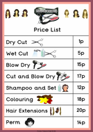 Hairdressers Role Play Price List Teaching Resources