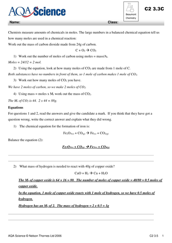 Amount of substance for GCSE AQA part 2 | Teaching Resources