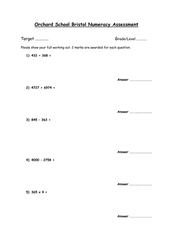 Numeracy Test And Assessment Sheet Level 3 5 Teaching Resources