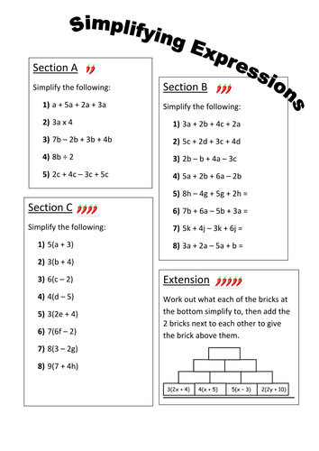 Simplifying Expressions Differentiated Worksheet Teaching Resources