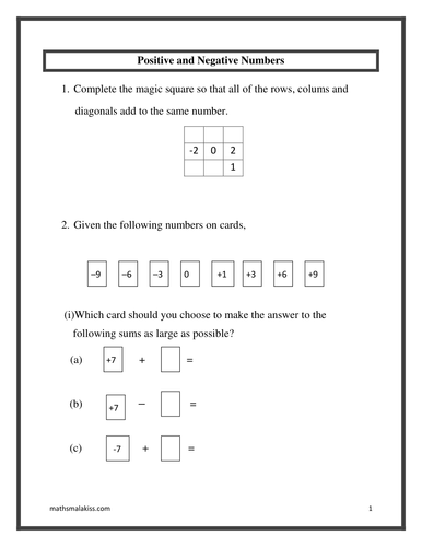 directed numbers addition and subtractionanswers