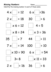 Sums calculations number  Number worksheet missing Missing