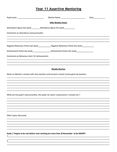 assertive mentoring weekly meeting sheet by missrathor