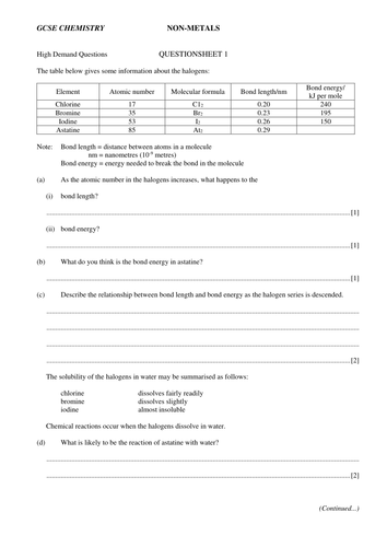 GCSE metals and non metals questions | Teaching Resources