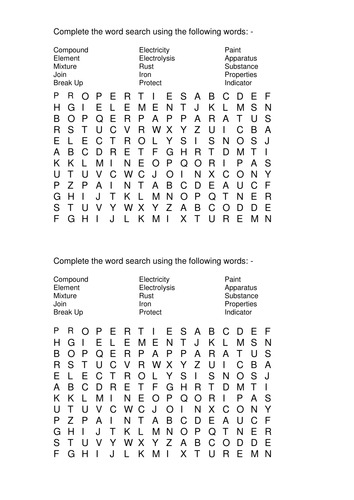 Atoms And Elements Wordsearch 