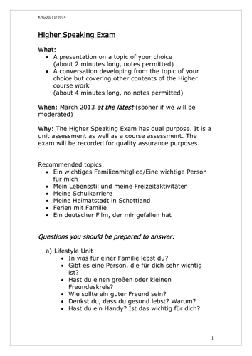 Pupil Guide Int 2 and Higher Speaking Exam | Teaching Resources