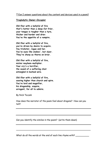 dragon poetry comprehension Yr 5/6 | Teaching Resources
