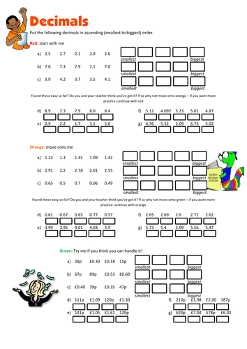 ordering decimals worksheet teaching resources