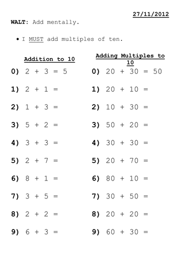 mental addition worksheets