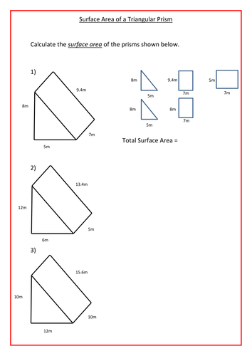 Printables Volume And Surface Area Of Triangular Prisms (c) Measurement Worksheet surface area of triangular prism worksheet davezan prisms by ra77 teaching resources tes