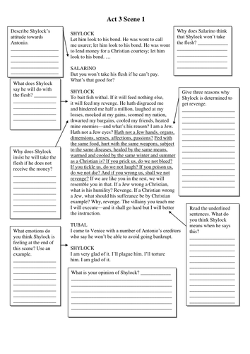 KS3 Merchant of Venice Key Scene Worksheets | Teaching Resources