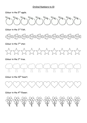 ordinal numbers worksheets to 10th and 20th teaching resources