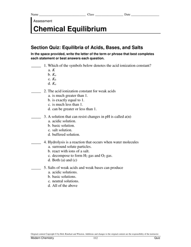 Chemical Equilibrium Test and worksheets | Teaching Resources