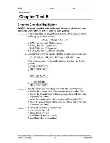 Chemical Equilibrium Test and worksheets | Teaching Resources