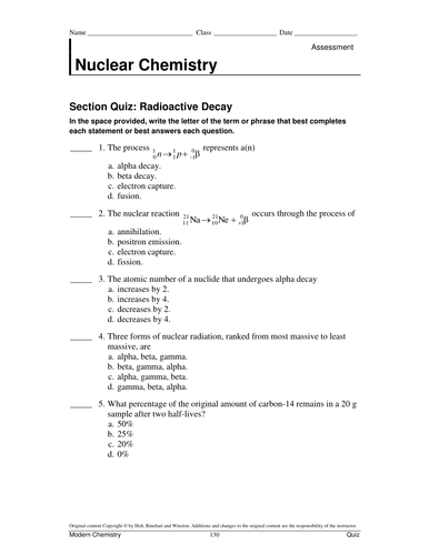 Nuclear Chemistry Tests And Answer Key Teaching Resources