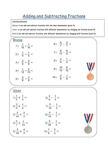 adding subtracting fractions differentiated ws teaching resources