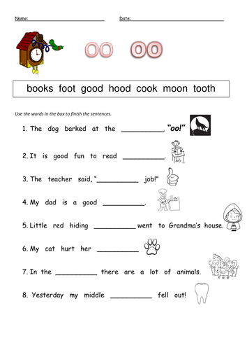 little oo and long oo digraph worksheets teaching resources